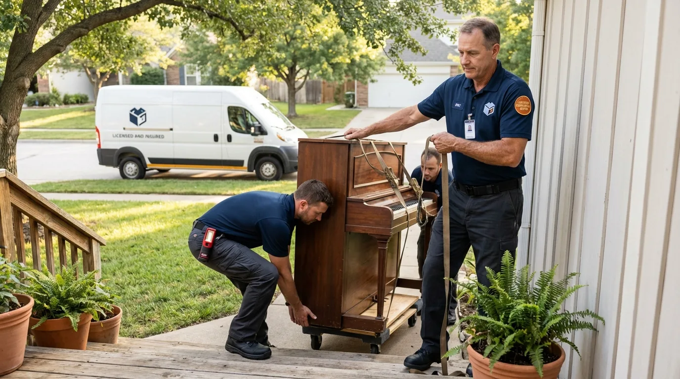 Licensed piano movers securing grand piano in Vienna, GA