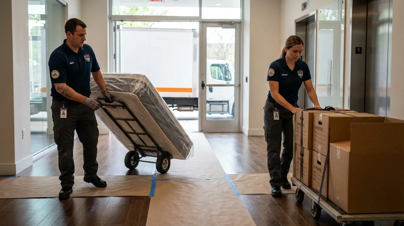 Professional apartment movers loading elevator in Vienna, GA