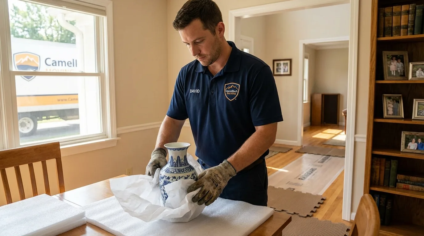 Professional crew carefully wrapping antique vase for senior downsizing move in Vienna, GA
